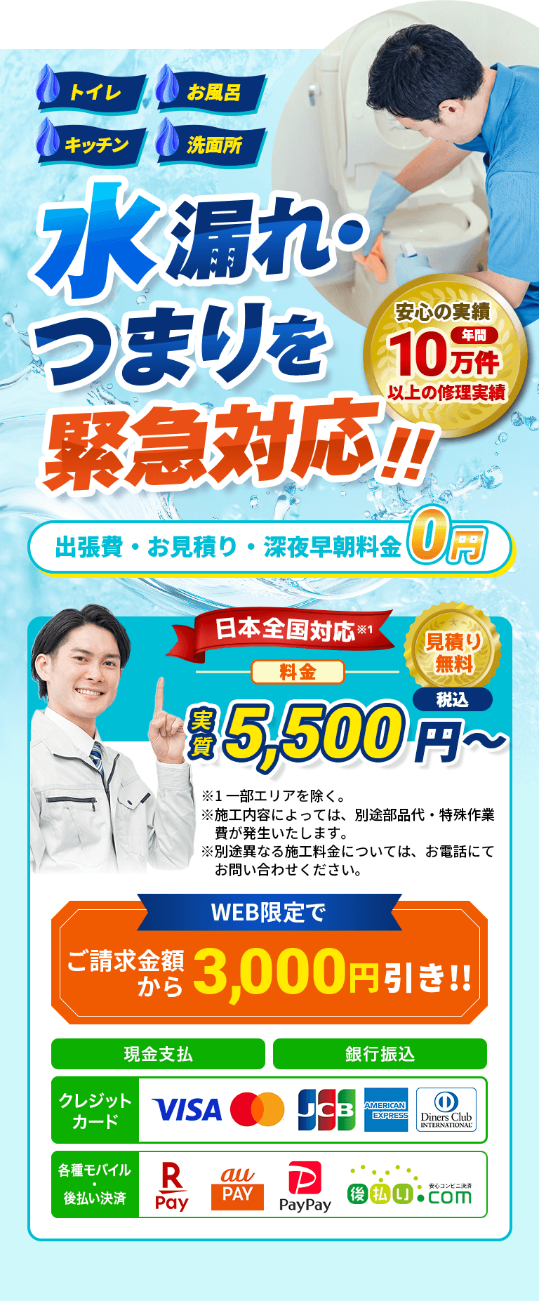トイレ・お風呂・キッチン・洗面所｜水漏れ・つまりを緊急対応！！出張費・お見積り・深夜早朝料金０円