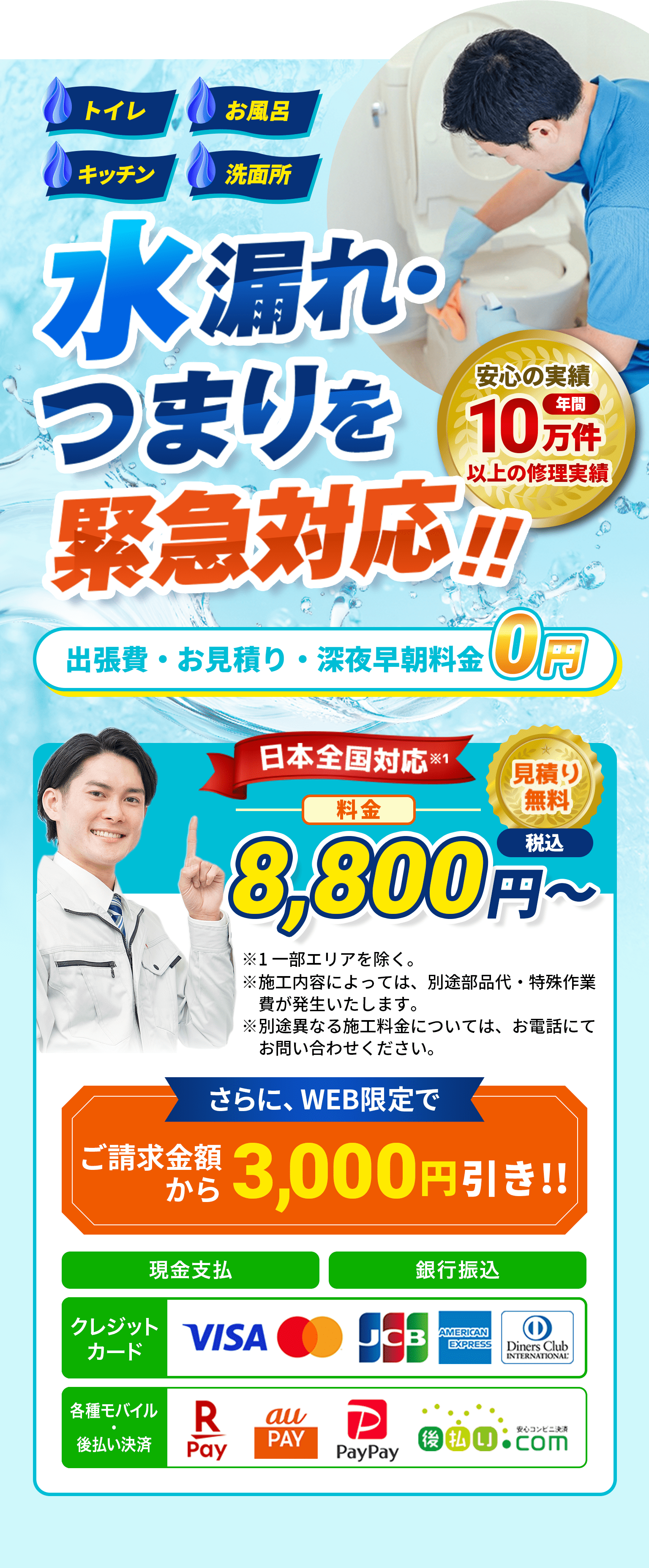 トイレ・お風呂・キッチン・洗面所｜水漏れ・つまりを緊急対応！！出張費・お見積り・深夜早朝料金０円